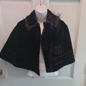 Black Faux Fur Cape with Embroidered Design